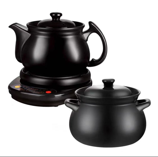 联福电煎药壶 药壶配黑底座与陶瓷煲白底合影