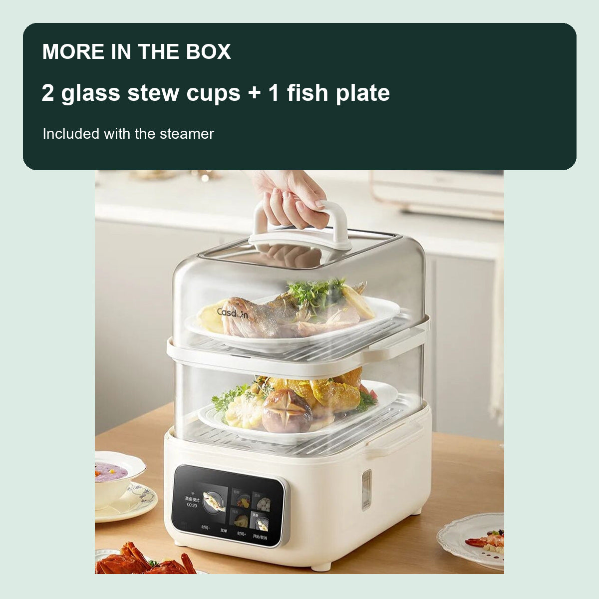 CASDON DZG-D5 two tier steamer with two complimentary glass stew cups and one fish plate