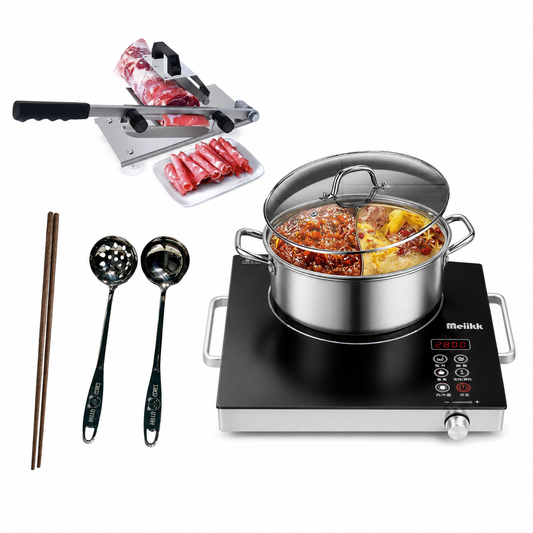 Cookbay Back-to-School Bundle · Hotpot Round One Table|Four Pot Styles to Choose + Manual Meat Slicer + Heat-Proof Long Chopsticks + Hotpot Ladle Set · Can't buy beef rolls here? Slice your own