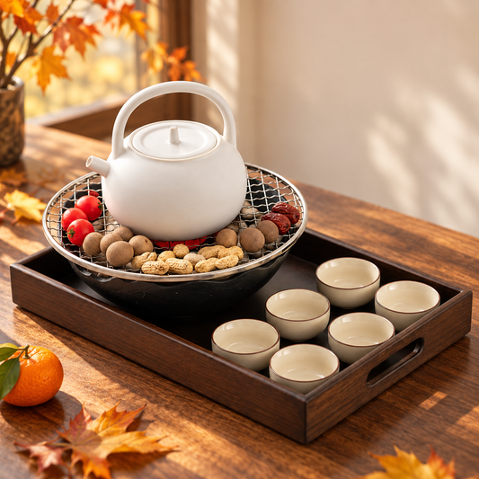 秋日围炉煮茶电陶炉套装,白瓷壶、六只茶杯、烤网与木托盘;橘子与落叶为拍摄布景
