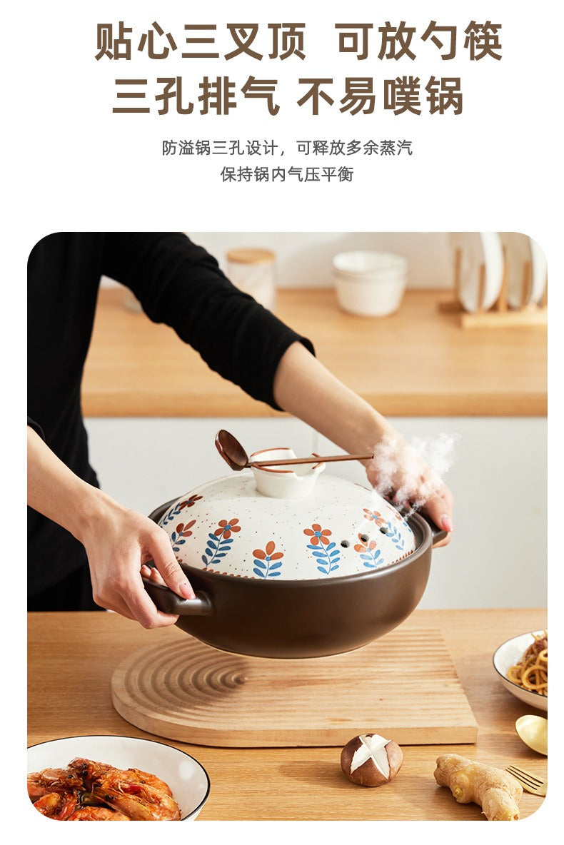 复古小花煎汤锅 三叉顶架勺与三孔排气防噗锅