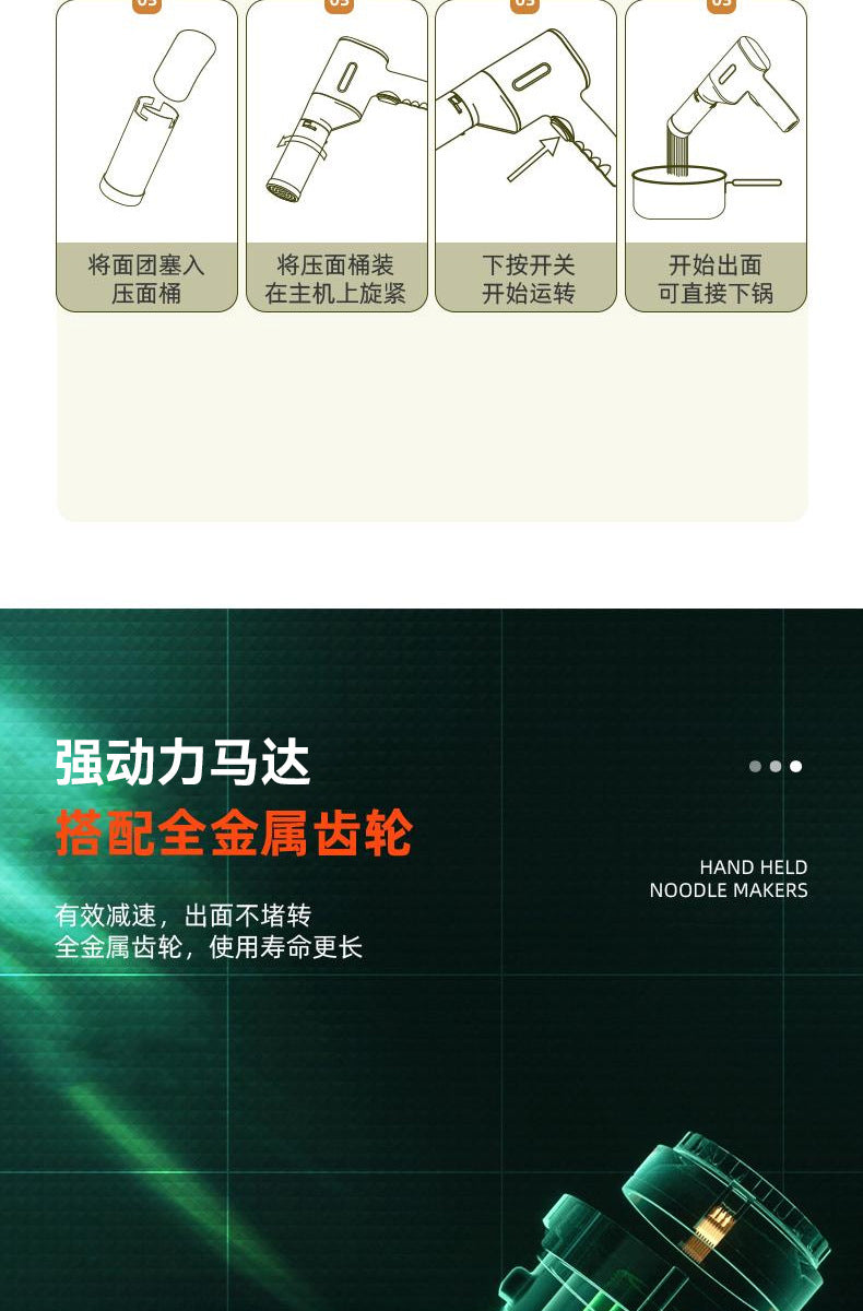Cookbay 手持压面机 四步操作图与强动力马达全金属齿轮