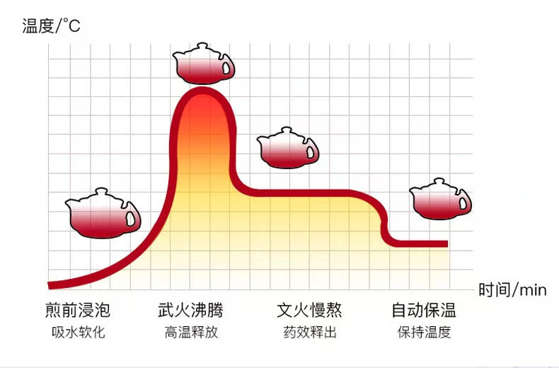 联福电煎药壶 浸泡武火文火保温四段温度曲线图
