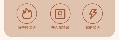 荣事达钛电压力锅 防干烧开合盖与漏电保护三枚图标横条