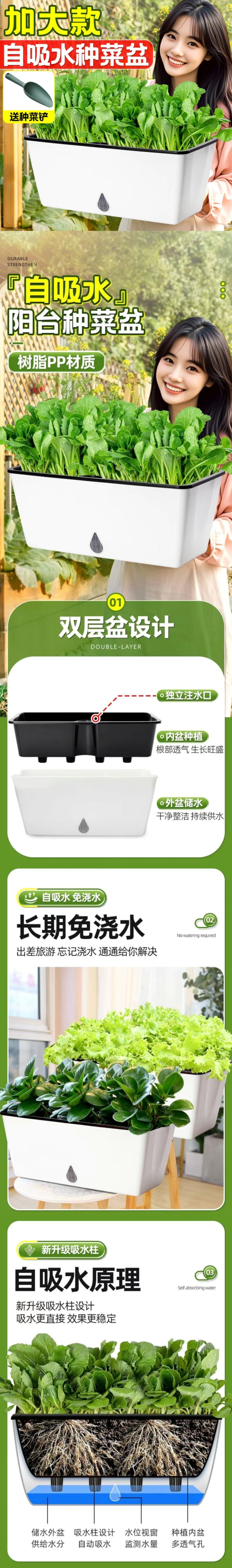 自吸水种菜盆 加大款主图与双层盆自吸水原理剖面