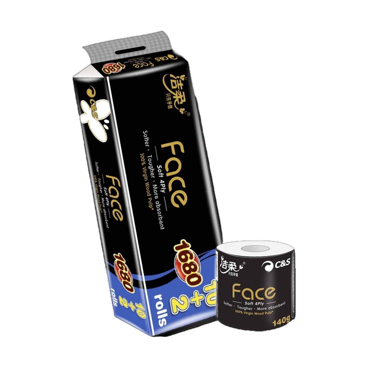 洁柔 诺丁汉仓 Face黑4层加厚有芯卷桶卫生纸140g（12卷装）PJ009-12X
