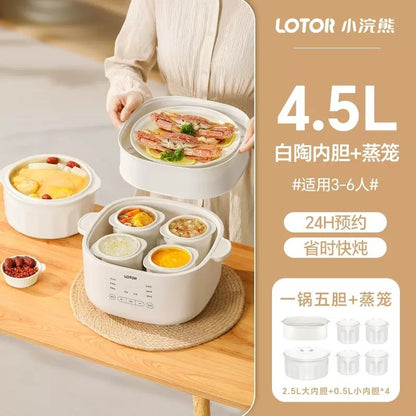 Cookbay Back-to-School Bundle · Five Pots in One, Soups ＋ Fillings｜LOTOR Electric Stew Pot 4.5L with Five Inner Pots ＋ DOMENG Meat Grinder DM-J008 ＋ UK Plug Adapter · One pot each, no racing for the ladle