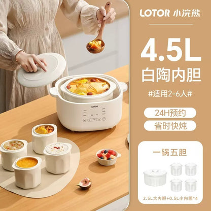 Cookbay Back-to-School Bundle · Five Pots in One, Soups ＋ Fillings｜LOTOR Electric Stew Pot 4.5L with Five Inner Pots ＋ DOMENG Meat Grinder DM-J008 ＋ UK Plug Adapter · One pot each, no racing for the ladle