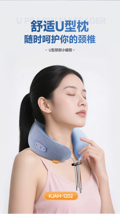 康佳颈部按摩仪 女生戴上灰蓝U型枕闭眼放松