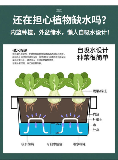 三层自吸水种菜盆 自吸水储水原理剖面图与棉绳导水