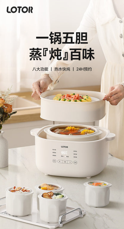 Cookbay Back-to-School Bundle · Five Pots in One, Soups ＋ Fillings｜LOTOR Electric Stew Pot 4.5L with Five Inner Pots ＋ DOMENG Meat Grinder DM-J008 ＋ UK Plug Adapter · One pot each, no racing for the ladle