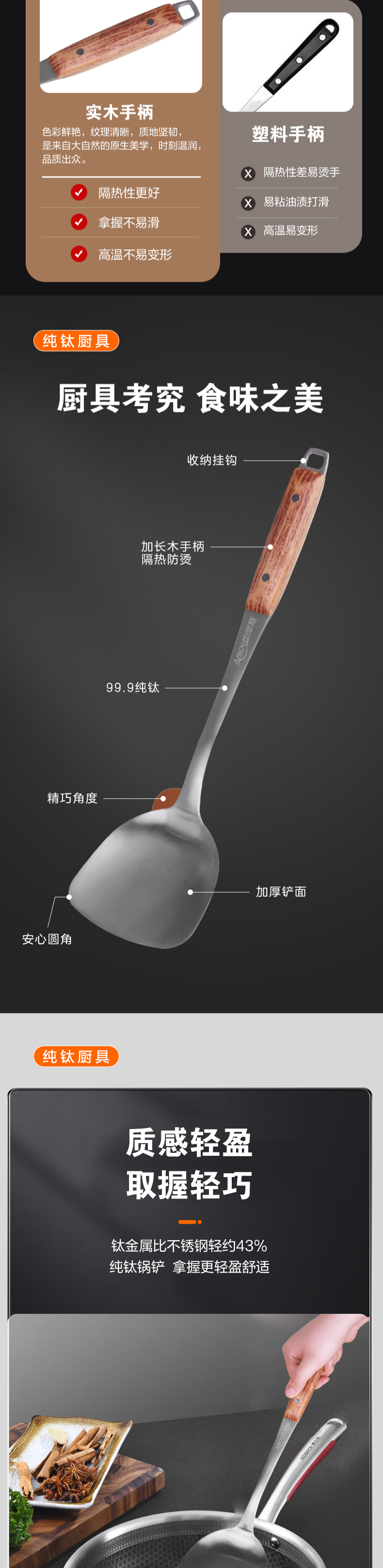 亚摩斯 AMOS 抛光纯钛铲 AS-CJ07T｜纯钛材质 · 不伤锅