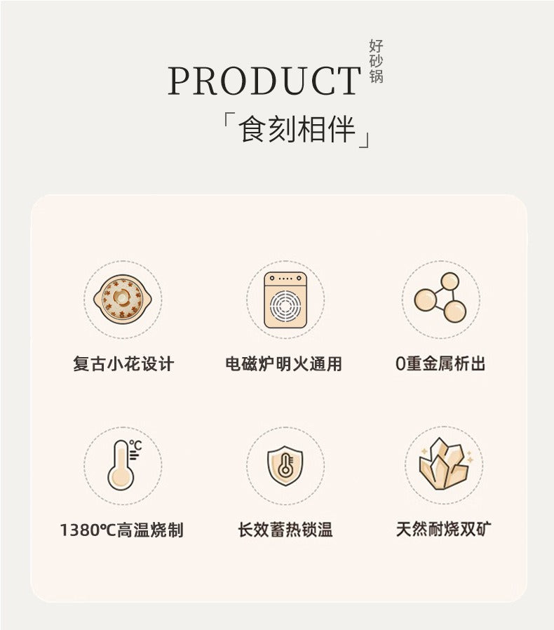 复古小花煎汤锅 六项卖点图标 1380℃高温烧制