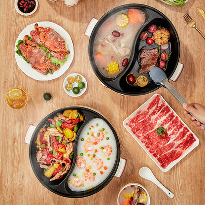 康佳鸳鸯电火锅 俯拍双锅同做汤品与煎炒菜
