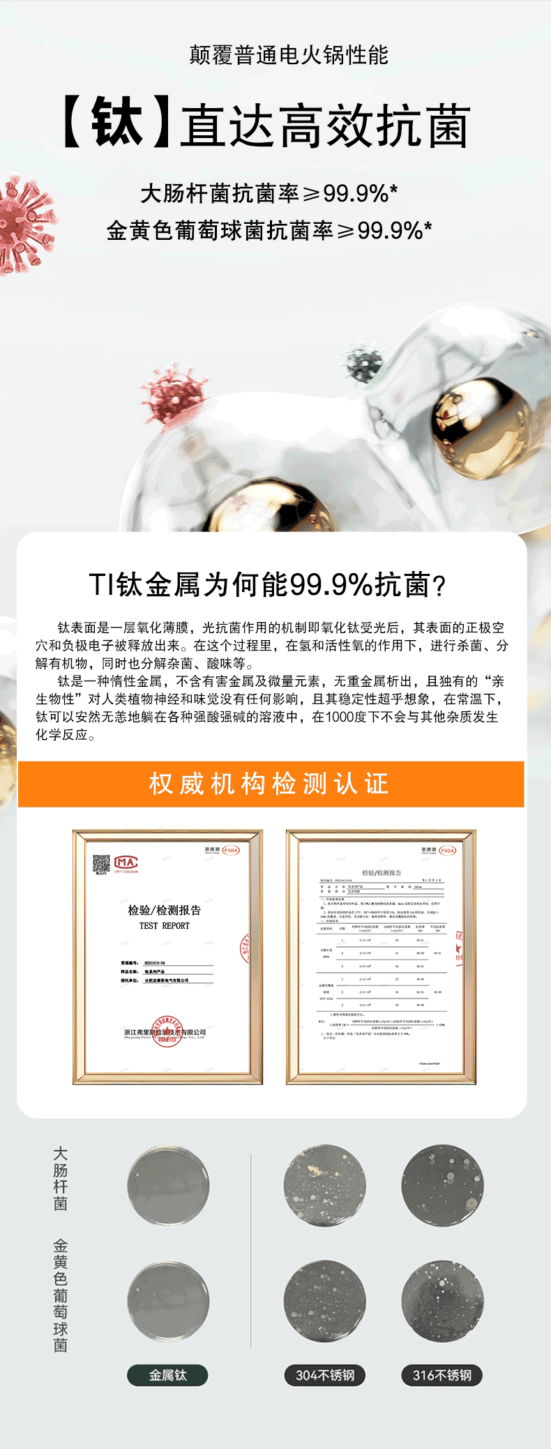 荣事达纯钛电煮锅 抗菌检测报告与培养皿菌落对比
