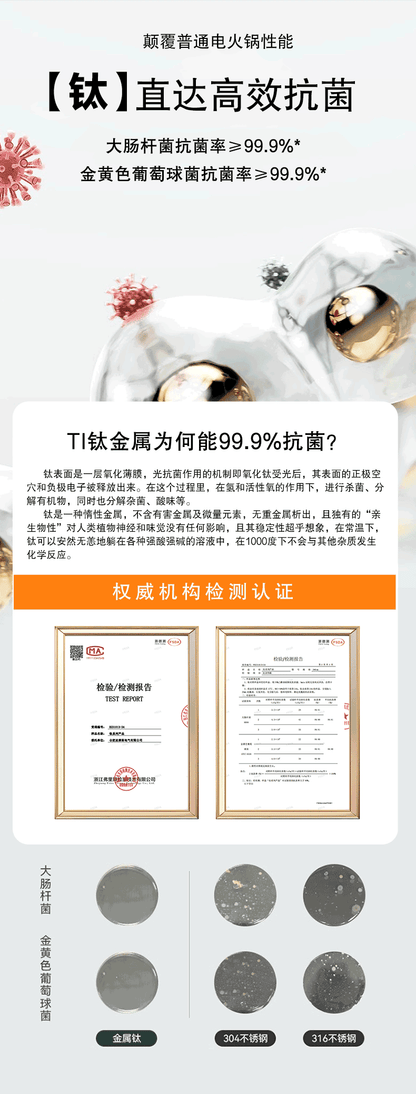 荣事达纯钛电煮锅 抗菌检测报告与培养皿菌落对比