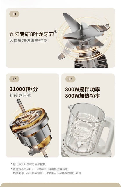 九阳破壁机 P108 三项核心参数卡 龙牙刀转速与双800W功率