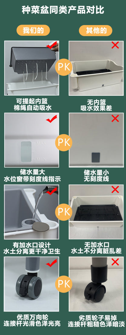 三层自吸水种菜盆 与同类产品四项对比 内篮水位轮子