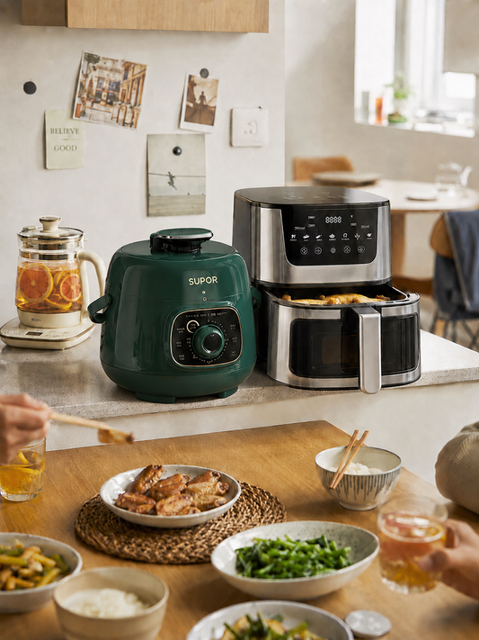 Cookbay Back-to-School Bundle · Kitchen Appliance Pack, Large Capacity Edition｜Supor Little Green Pot 1.8L ＋ UK-Plug Air Fryer 10L · One setup for the whole flat