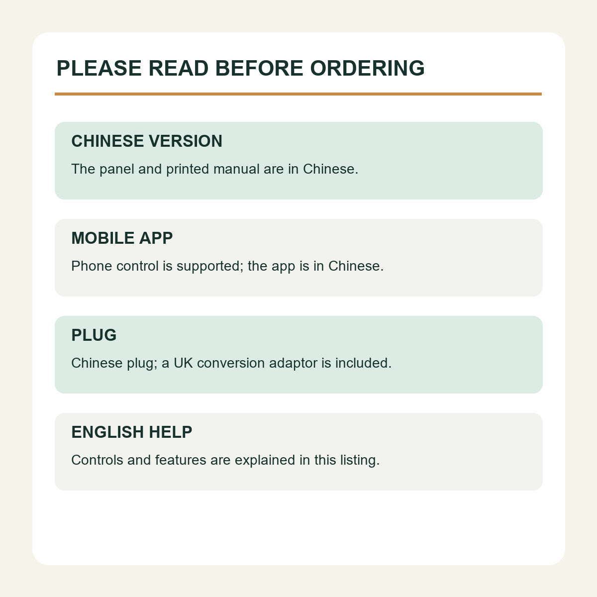 Chinese version disclosure: Chinese panel, printed manual and app; UK conversion adaptor included