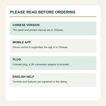 Chinese version disclosure: Chinese panel, printed manual and app; UK conversion adaptor included