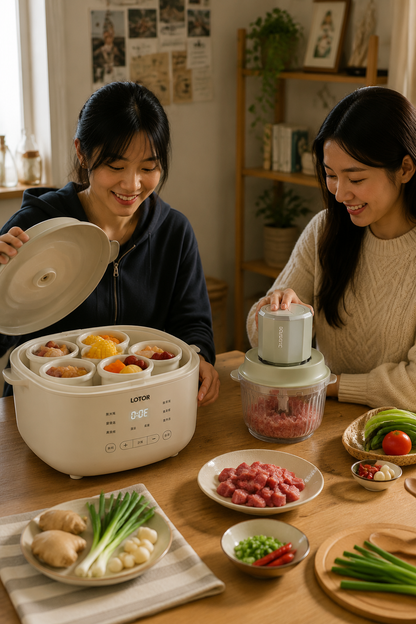 Cookbay Back-to-School Bundle · Five Pots in One, Soups ＋ Fillings｜LOTOR Electric Stew Pot 4.5L with Five Inner Pots ＋ DOMENG Meat Grinder DM-J008 ＋ UK Plug Adapter · One pot each, no racing for the ladle