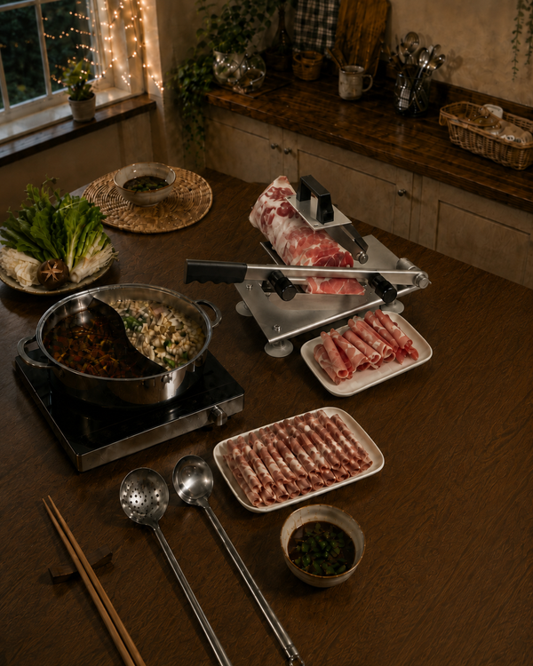 Cookbay 开学季套组 · 围一桌 火锅｜SUS304 鸳鸯锅 ＋ 电陶炉 ＋ 手动切肉机 ＋ 防烫长筷 ＋ 火锅勺套装 · 超市买不到肥牛卷就自己切