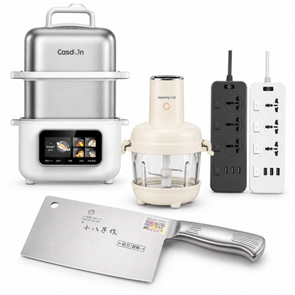 Cookbay Back-to-School Bundle · Mince It Yourself｜CASDON Electric Steamer 11.6L ＋ Joyoung Grinder & Dough Mixer 2.8L ＋ Shibazi Cleaver ＋ Power Strip · Meatballs and dumplings from scratch