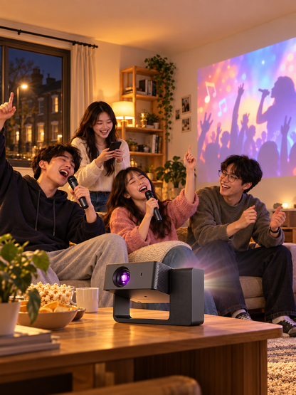 AI 场景示意：英国留学生在公寓使用 YS302KTV 双麦投影仪聚会
