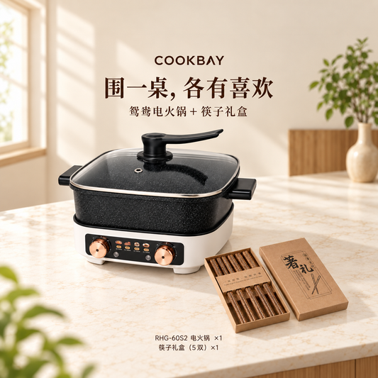 COOKBAY德国仓两件套组完整同框：荣事达RHG-60S2黑色双旋钮鸳鸯电火锅一台，鸡翅木款筷子礼盒一盒五双