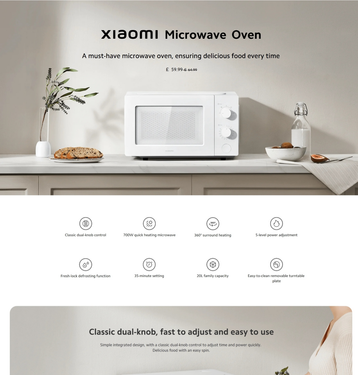 小米 Xiaomi 家用微波炉 20L｜700W环绕加热 · 五档调节易清洁，原始商品详情图 6