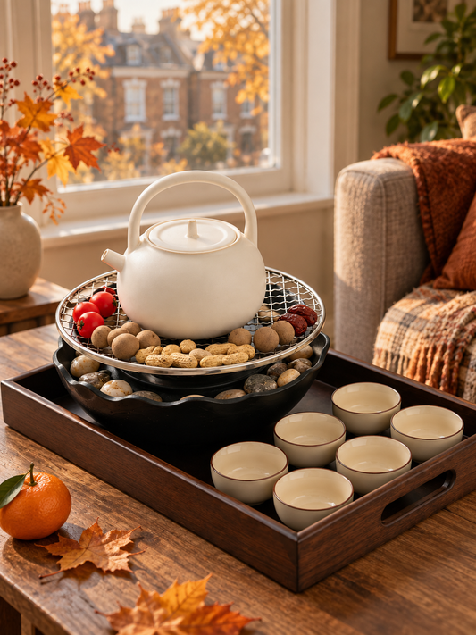 英国公寓秋日围炉煮茶，静云电陶炉、白瓷壶与六只茶杯；橘子为拍摄布景